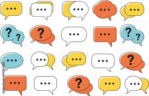 Speech bubble icons set, colorful chat message balloons, communication symbols collection, question mark dialog bubbles vector illustration