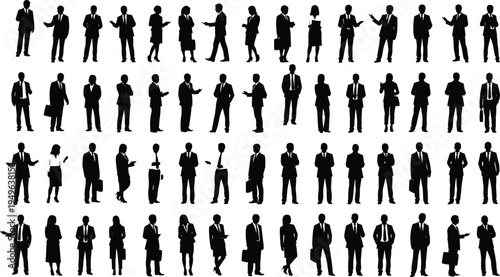 Large collection of business people silhouettes men and women in suits standing walking talking corporate office team vector set