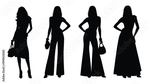 Four female silhouettes in different outfits and poses