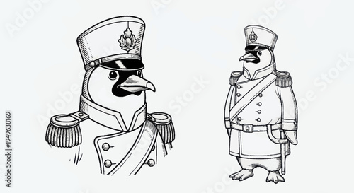 Two penguins dressed in military uniforms standing side by side.