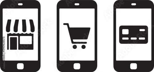 Three black mobile phones with shopping on screens shopping storefront shopping cart
