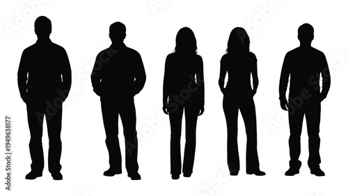 Five people standing in a row