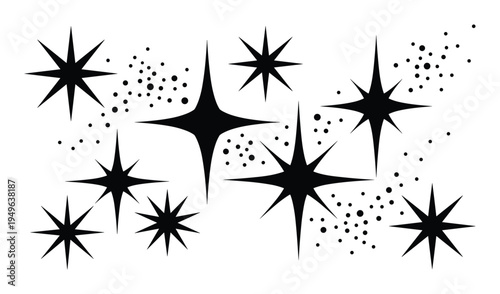Mid-century modern starbursts and dots pattern in black and white, atomic era shapes, vintage design elements on white background.