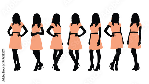 Six silhouettes of women wearing dresses and heels
