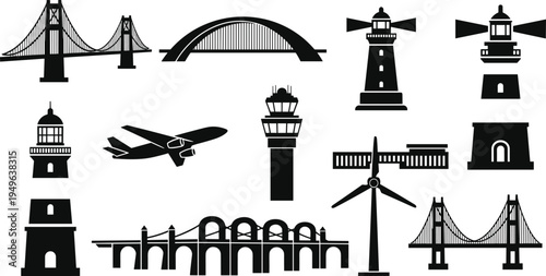 Transportation and infrastructure silhouettes set including bridges lighthouse airplane control tower wind turbine aqueduct vector architecture travel icons collection