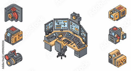 Isometric control room with multiple monitors and equipment.
