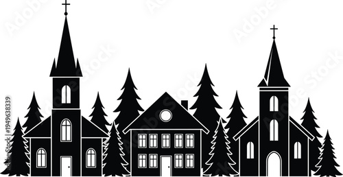 Village houses and church silhouettes with pine trees skyline rural town landscape vector illustration for winter holiday design
