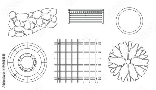 Architectural Plan: Stone wall, fence, tree and other landscape design elements, technical drawing style blueprint