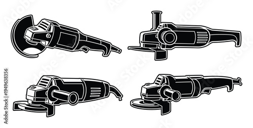 Set of four angle grinders in black and white vector illustration