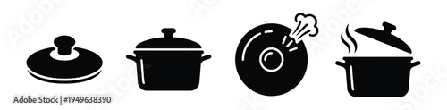 Black silhouette pot and lid icons for cooking and food preparation, kitchen utensils vector illustration