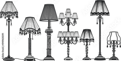 Vintage floor and table lamps collection classic antique lighting fixtures decorative interior illumination vector illustration isolated set