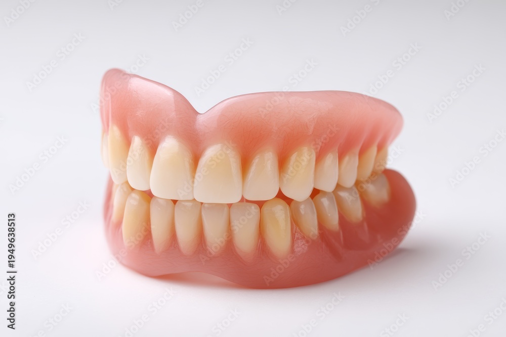 Obraz premium Realistic dental dentures model showing full set of artificial teeth with gums isolated on white background, prosthetic dentistry concept for oral health care