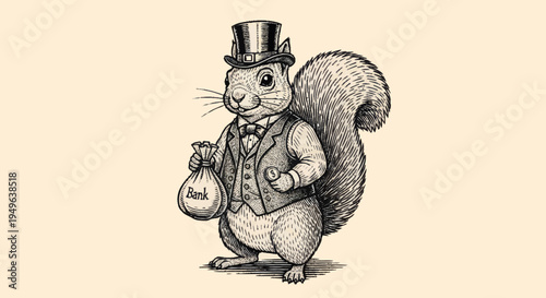 Whimsical Squirrel Dressed in Formal Attire Holding Money Bag.