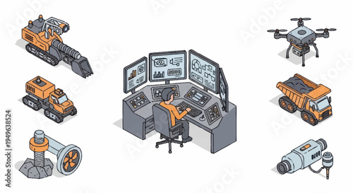 Isometric Mining Technology and Control Center Illustration.