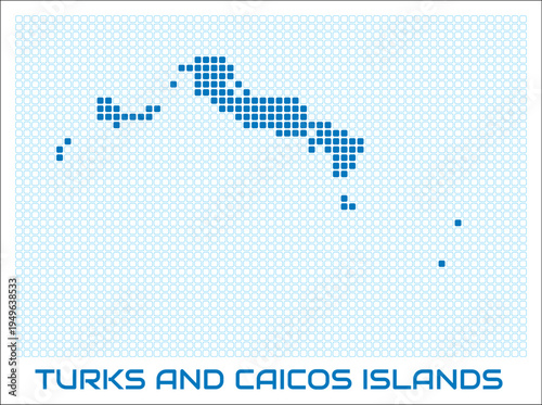 Turks and Caicos Islands digital style map with blue rounded rectangle dots. Turks and Caicos. Dotted shape of the island. Blue colored map and title on white background. Modern Vector Illustration.
