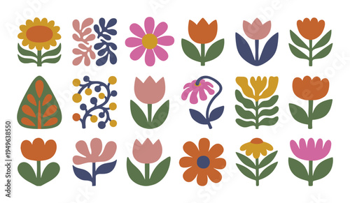 Collection of mid century modern flowers floral elements with leaf, abstract decorative spring flower icons.