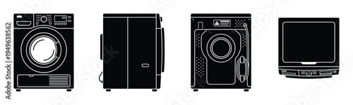 Set of black and white icons showing modern clothes washing machine and dryer, front and side view