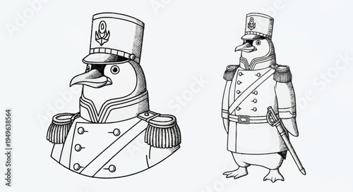 Two penguins dressed in military uniforms with hats and epaulets.