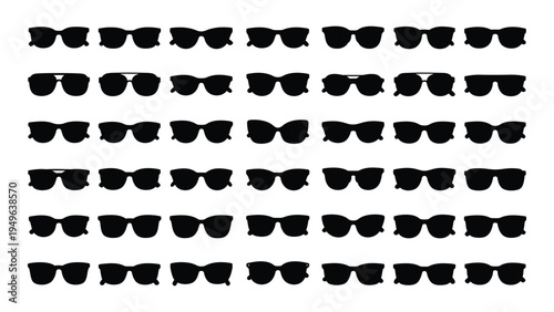 A large collection of black sunglasses
