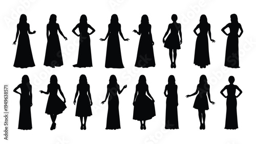 Silhouettes of women in various dress styles and poses