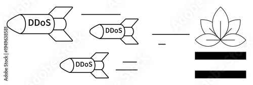 Missiles labeled DDoS symbolize attack on digital infrastructure. Defensive elements include flower-thumbs up shield and equality bars. Ideal for cybersecurity, data defense, risk prevention, online