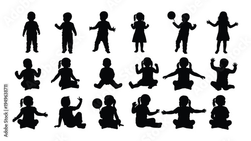 Set of black silhouettes of children in various poses