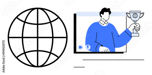 Globe symbolizes worldwide access, alongside a person in virtual meeting holding a trophy. Ideal for themes thumbs up global communication, online success, digital awards, virtual events, teamwork