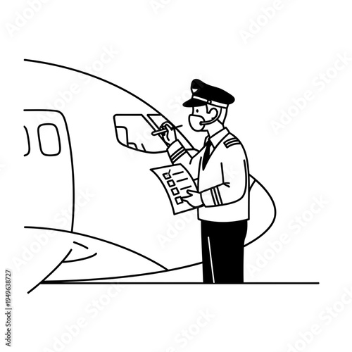 Pilot Inspecting Airplane with Checklist in Line Art vector illustration