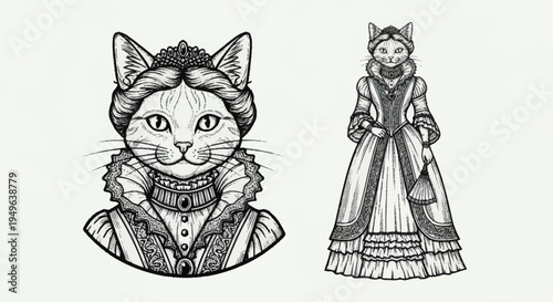 Elegant Cat Queen Portrait and Full Body Illustration.