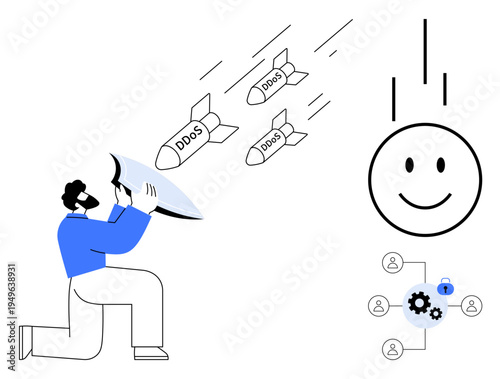 Cybersecurity concept. Cybersecurity defending against DDoS attacks using shields and secure connectivity. Cybersecurity important for protecting networks, systems, and cloud services. For IT