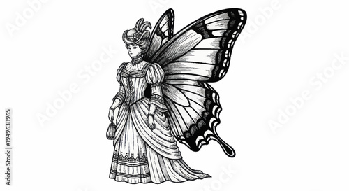 Elegant Victorian Woman with Butterfly Wings Illustration.