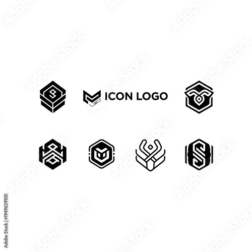 Abstract Hexagon Logo Set in Black and White vector illustration