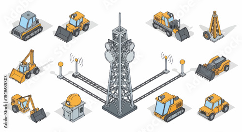 Construction vehicles and communication tower isometric illustration.