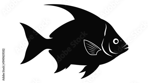 A black fish with a large eye and fins