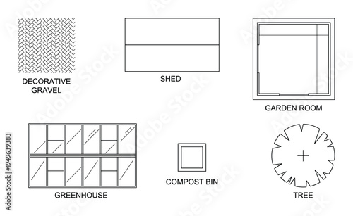 Garden design symbols including shed greenhouse compost bin decorative gravel tree garden room elements