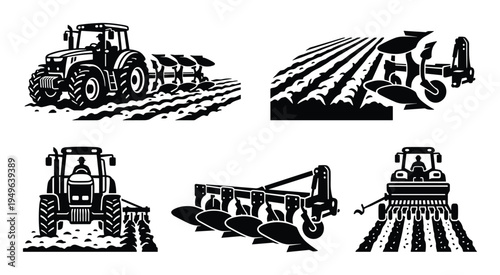 Set of agricultural machinery icons, farm tractor with various cultivating attachments on transparent background