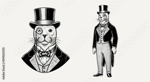 Elegant Seal Dressed in Formal Attire with Monocle and Top Hat.