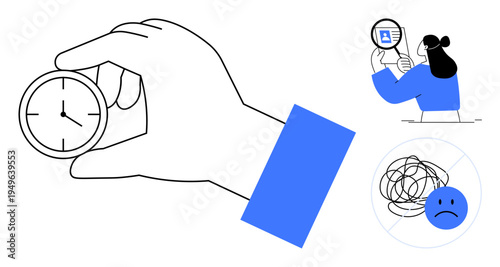 Time management. Hand holding clock productivity and task organization. Woman analyzing data and an abstract sad face decision challenges. For productivity, self-help, workplace strategies, task