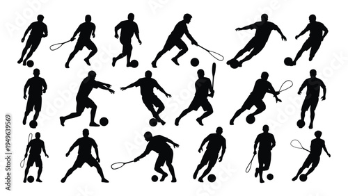 Black silhouettes of soccer players in various poses