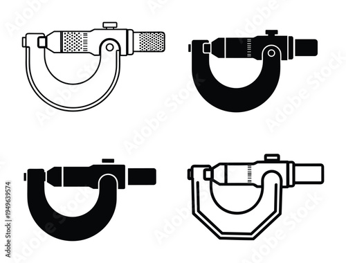 Set of black micrometer icons illustrating precision measuring instruments for small distances