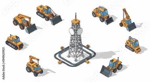 Construction Site with Communication Tower and Heavy Machinery.