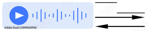 Media playback, audio navigation, streaming apps, podcast control, sound interface, data flow. Blue play button with sound waves and directional arrows. Media playback and audio navigation concept