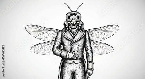 Anthropomorphic insect man in formal attire with wings.