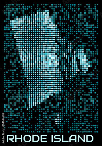 Rhode Island, United States digital dotted map. Shape of the state in cyan color palette on dark background. Futuristic Rhode Island, United States map design. Vector illustration.
