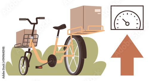 Sustainable transportation, fast delivery, logistics, eco-friendly shipping, urban mobility, courier service. Cargo bike carrying boxes next to a speedometer and an arrow. Sustainable transportation