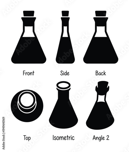Laboratory flask with cork stopper from front side back top and angled views