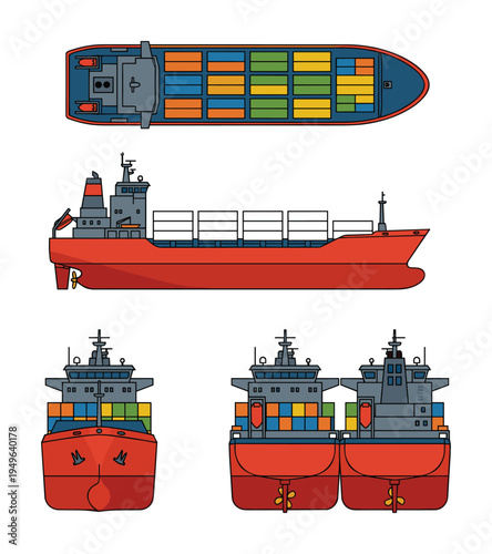 Container ship cargo vessel from top, side, front and rear views