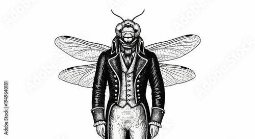 Steampunk Insect Man with Dragonfly Wings in Formal Attire.