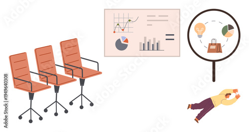Office productivity, business strategy, brainstorming, market research, teamwork, analytics. Graphs, magnifying glass with icons chairs and a person. Office productivity and business strategy