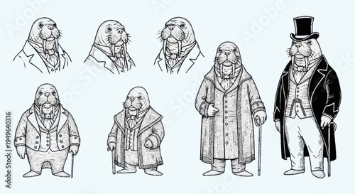 Victorian Era Walrus Characters in Formal Attire.